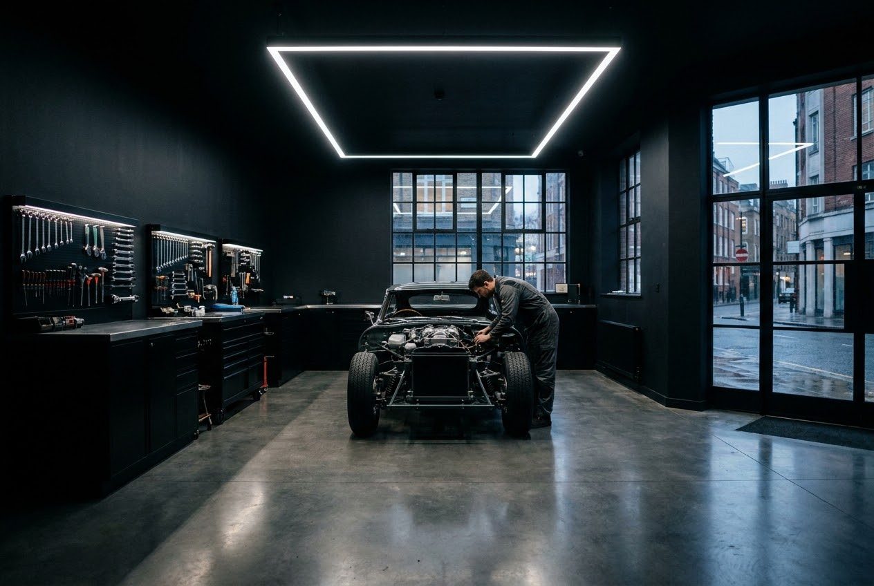 A car on the workshop floor under a suspended light frame, tools racked along the wall.