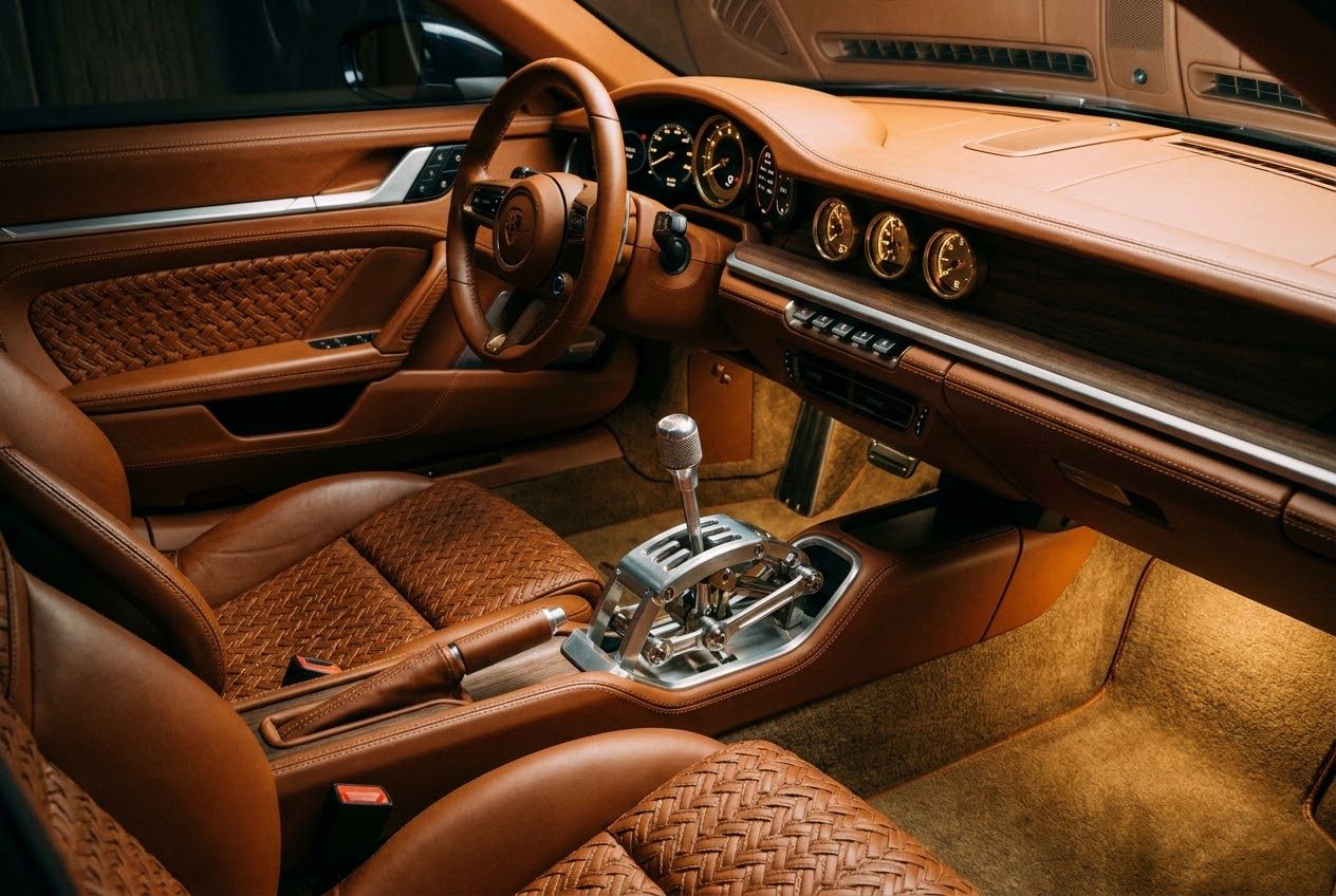 A hand-trimmed cabin in tan leather with a woven centre panel and exposed shift linkage.